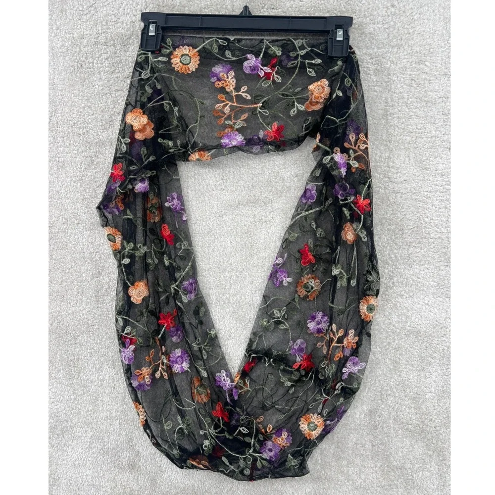 Whimsical Romantic Floral Embroidered Mesh Infinity Scarf‎ Black Sheer Chic Boho